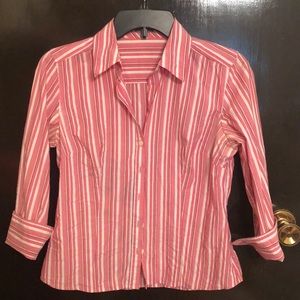 Ann Taylor Pink & White Striped Petites 3/4 Shirt